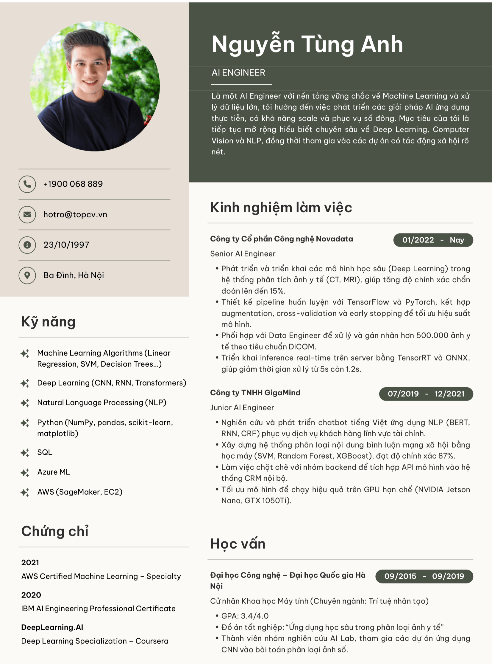 Mẫu CV AI Engineer chuyên nghiệp